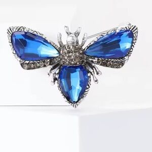 Vintage Sapphire Gem Insect Brooch — Silver Tone